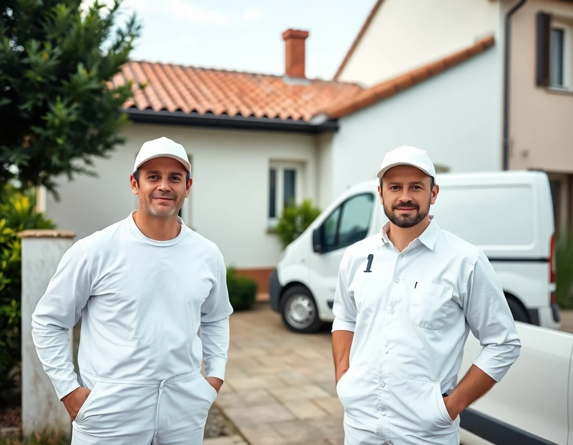 Due imbianchini a Bergamo davanti a una casa con furgone bianco